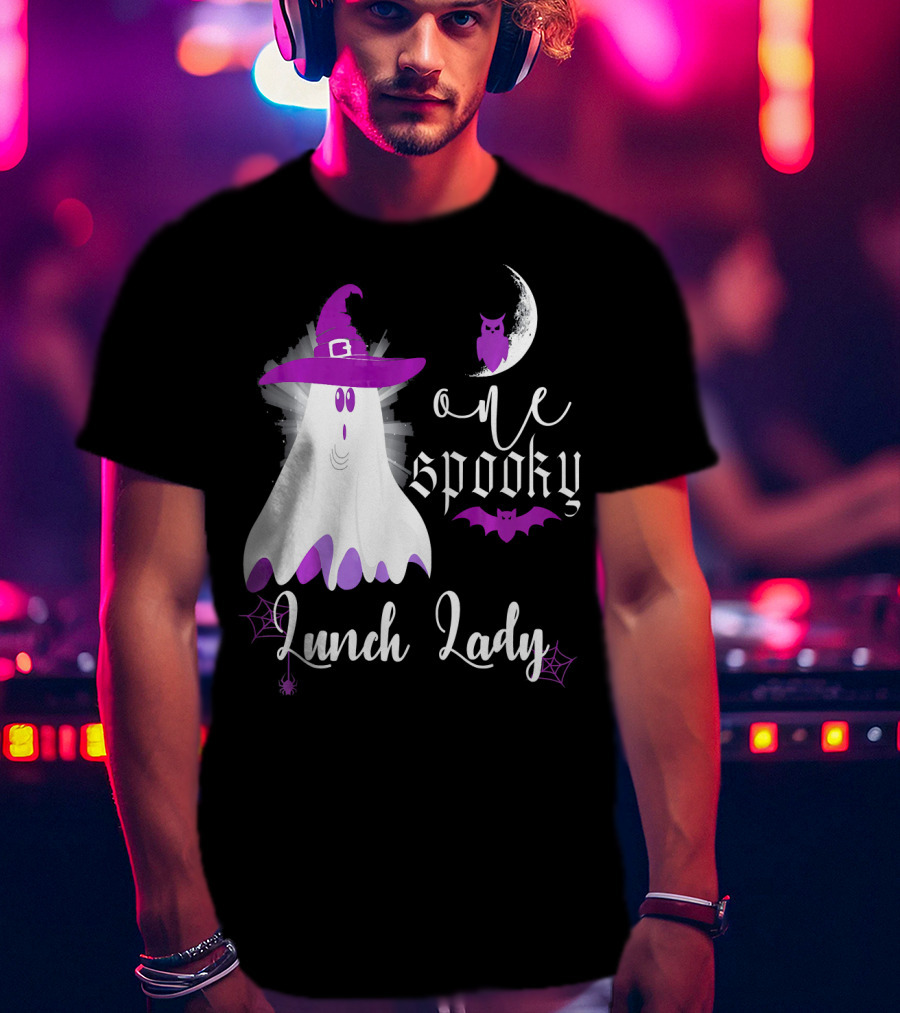 One Spooky Lunch Lady Halloween Ghost With Purple Bat And Moon T-Shirt