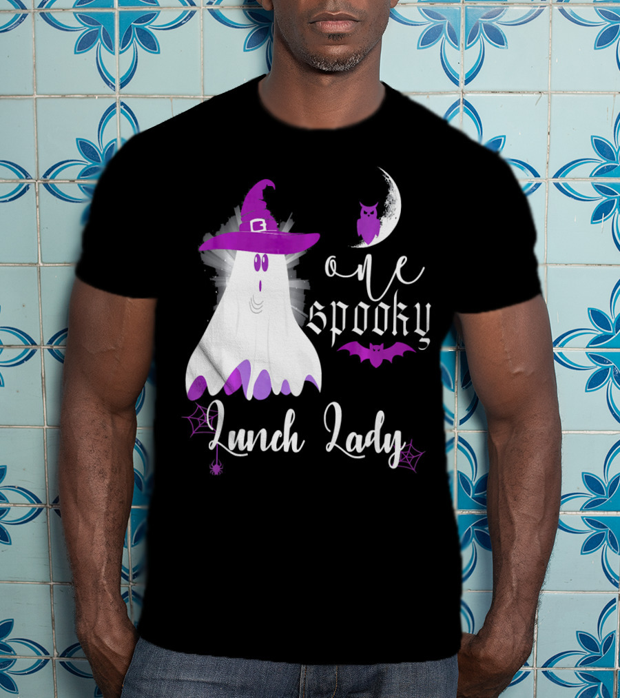 One Spooky Lunch Lady Halloween Ghost With Purple Bat And Moon T-Shirt