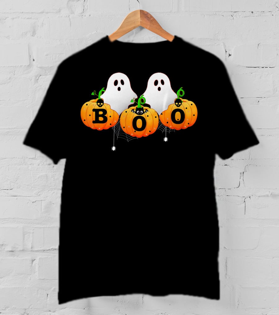 Boo Halloween Ghosts With Spiders And Pumpkins T-Shirt