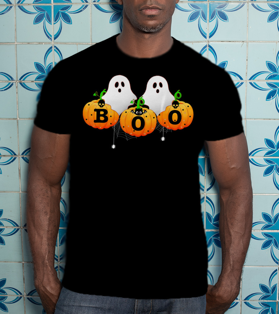 Boo Halloween Ghosts With Spiders And Pumpkins T-Shirt