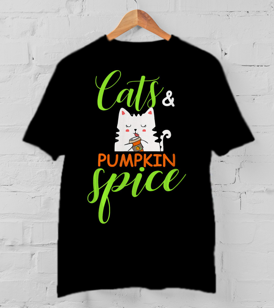 Cats And Pumpkin Spice Fall Autumn Cozy Cat With Coffee Cup T-Shirt