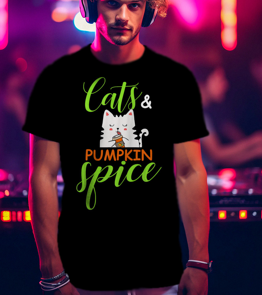 Cats And Pumpkin Spice Fall Autumn Cozy Cat With Coffee Cup T-Shirt