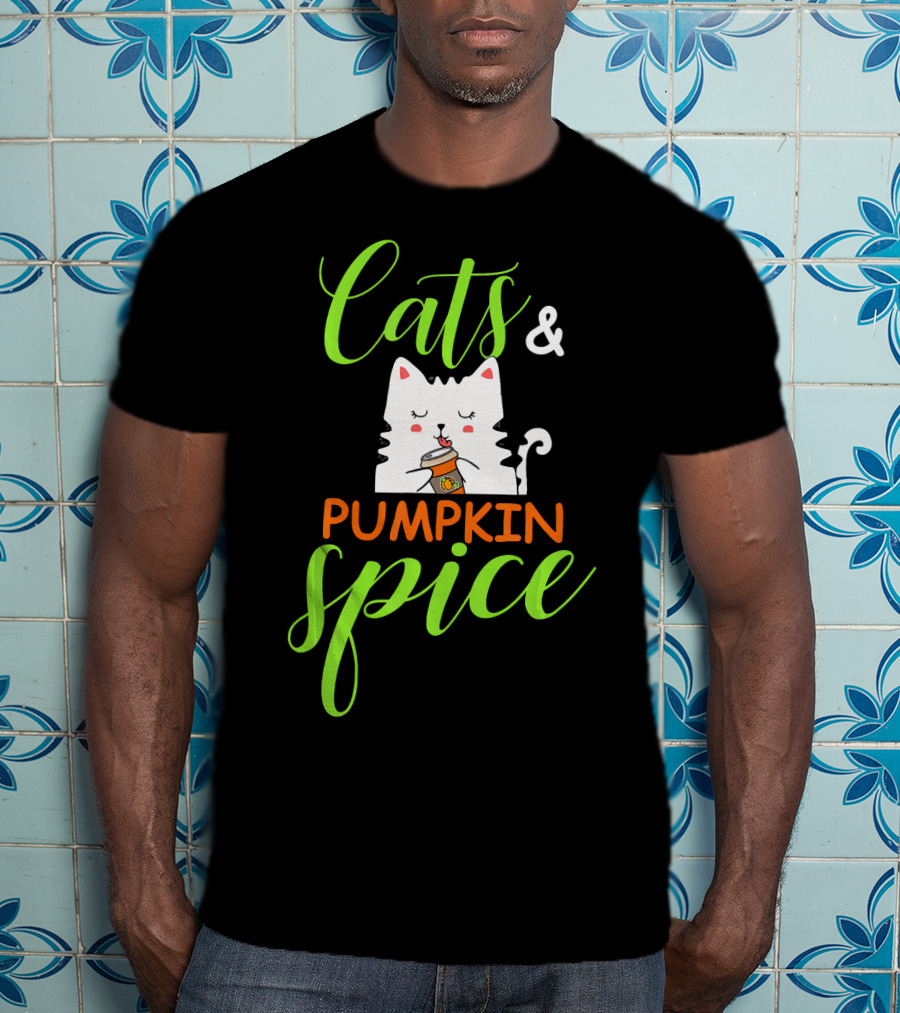 Cats And Pumpkin Spice Fall Autumn Cozy Cat With Coffee Cup T-Shirt