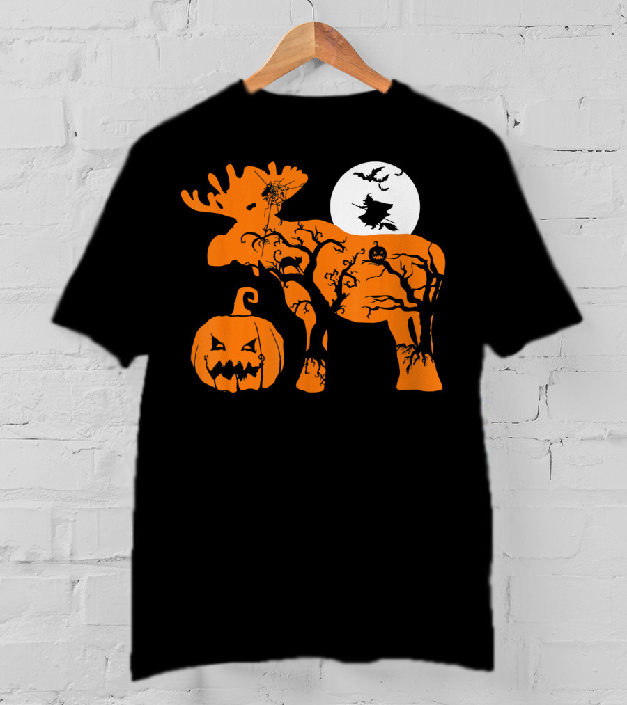 Witch Bat Moon Pumpkin Moose With Spider Web T-Shirt