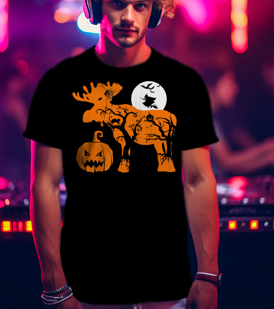 Witch Bat Moon Pumpkin Moose With Spider Web T-Shirt