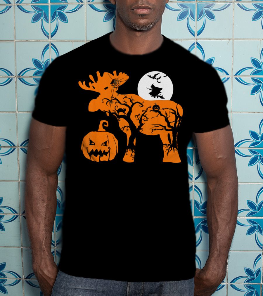 Witch Bat Moon Pumpkin Moose With Spider Web T-Shirt