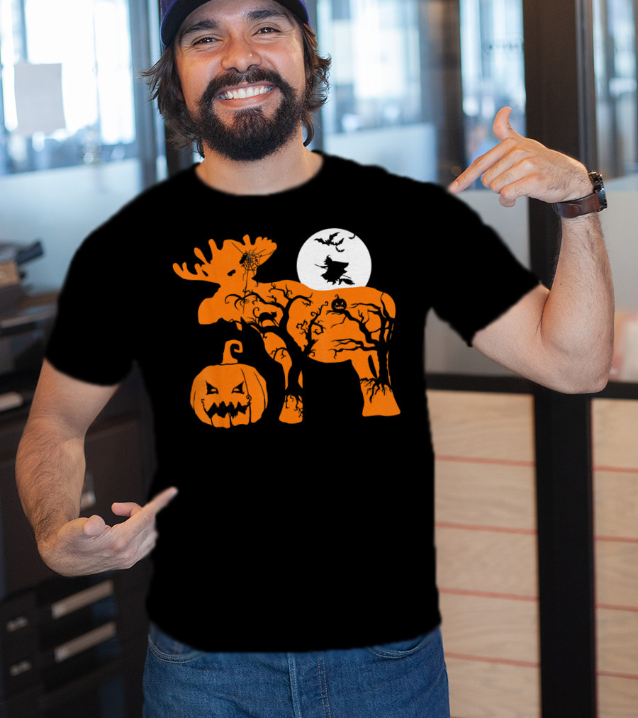 Witch Bat Moon Pumpkin Moose With Spider Web T-Shirt