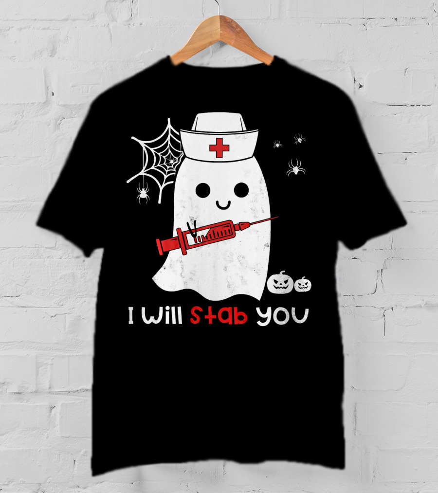 Nurse Ghost I Will Stab You Halloween Spiders Pumpkins T-Shirt