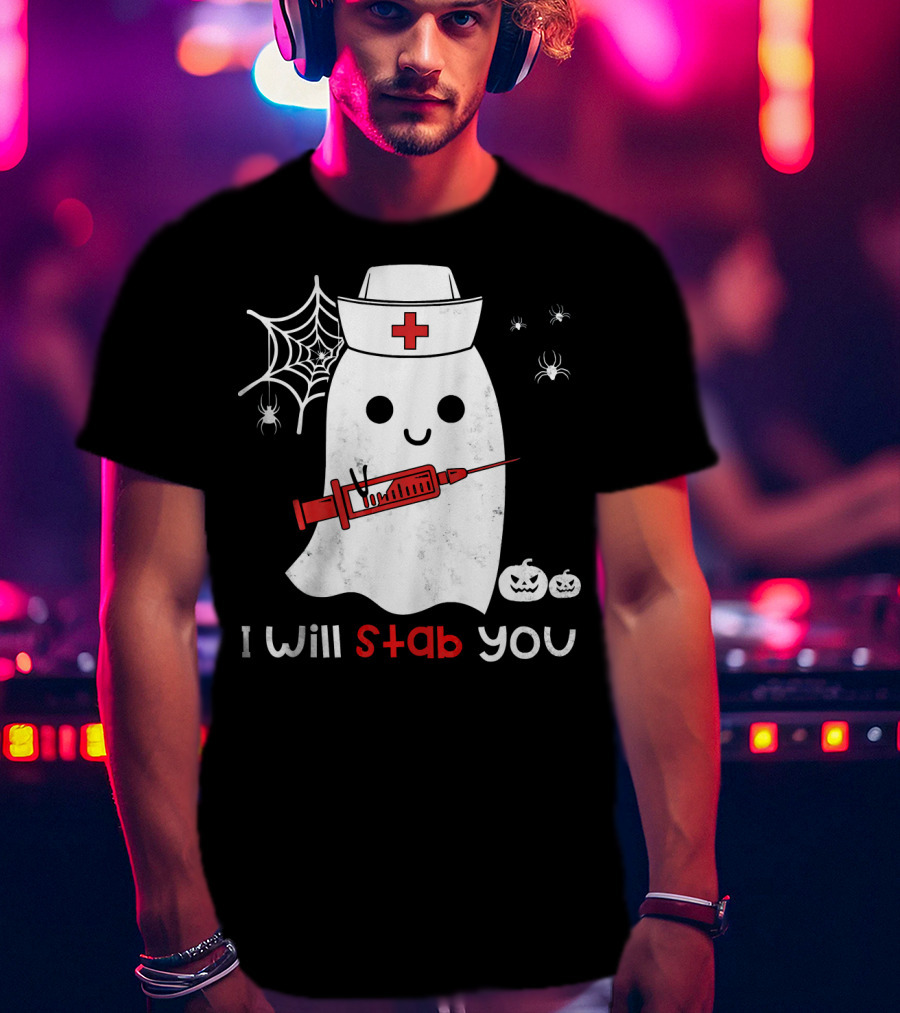 Nurse Ghost I Will Stab You Halloween Spiders Pumpkins T-Shirt