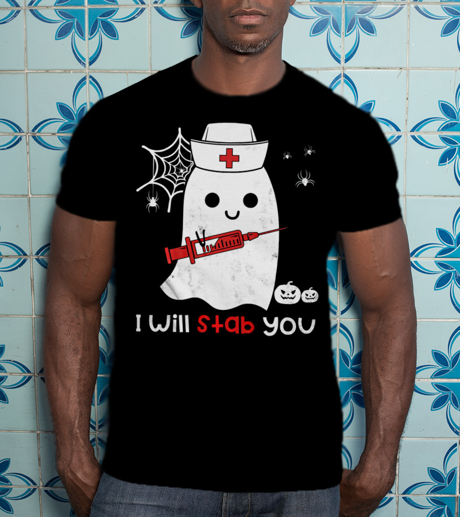 Nurse Ghost I Will Stab You Halloween Spiders Pumpkins T-Shirt