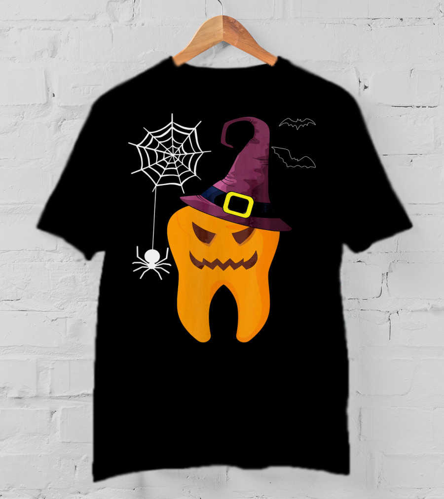 Halloween Dental Witch Dentist Tooth With Spider And Hat T-Shirt