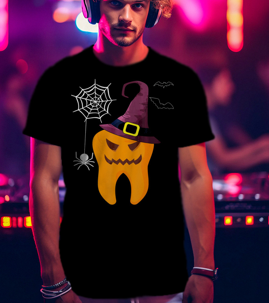 Halloween Dental Witch Dentist Tooth With Spider And Hat T-Shirt