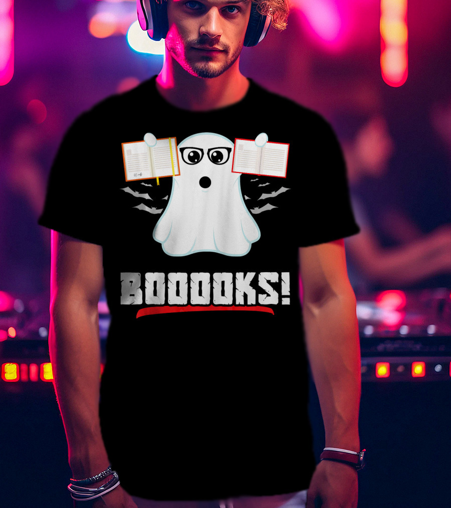 BOOOOKS Boo Ghost Reading Book Lib With Bats And Glasses T-Shirt