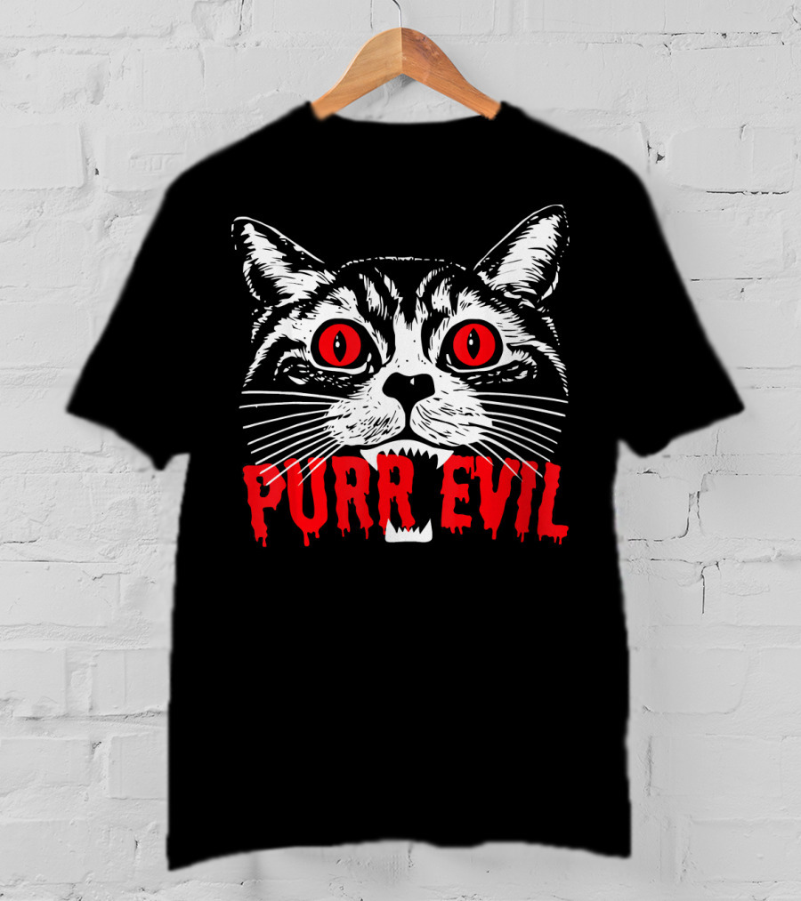 Purr Evil Satanic Cat Red Eyes Halloween T-Shirt