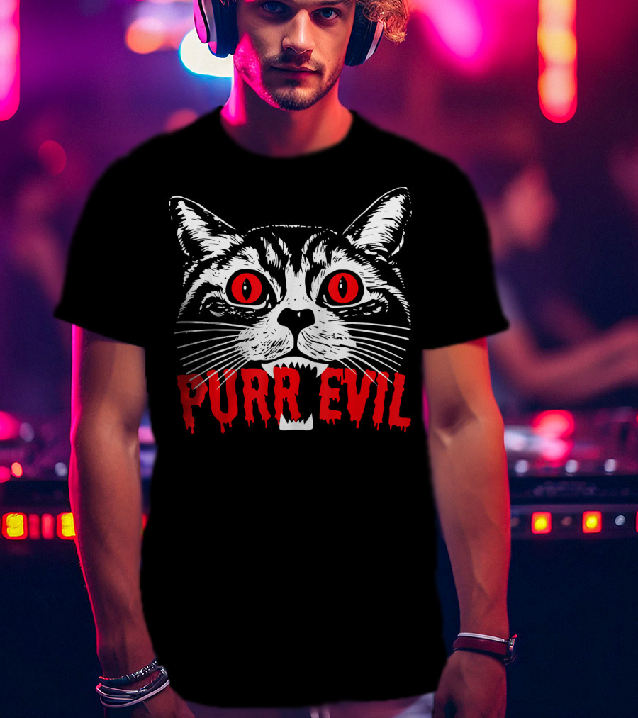 Purr Evil Satanic Cat Red Eyes Halloween T-Shirt