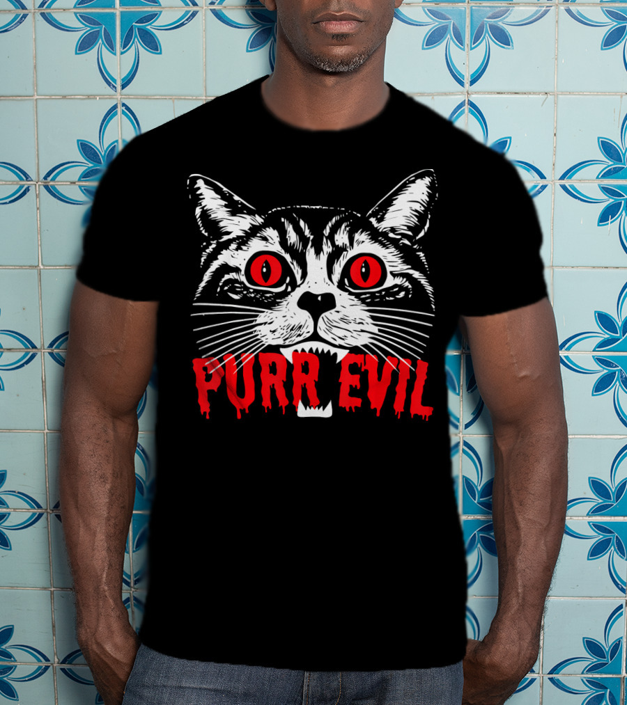 Purr Evil Satanic Cat Red Eyes Halloween T-Shirt