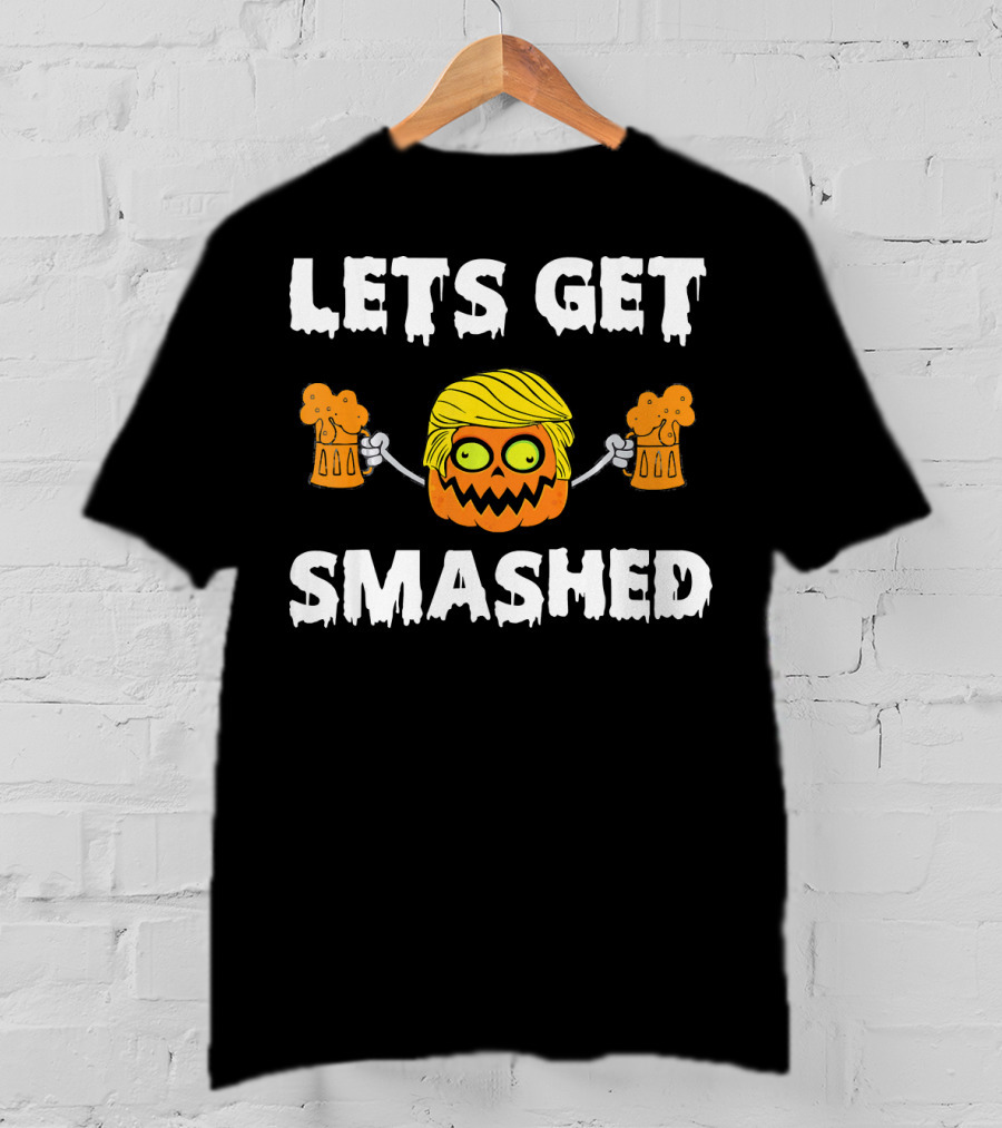 Lets Get Smashed Pumpkin Holding Beer Mugs With Blonde Hair T-Shirt