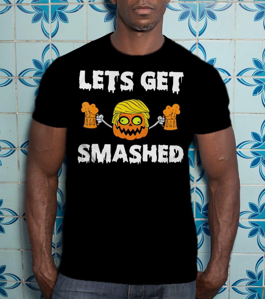 Lets Get Smashed Pumpkin Holding Beer Mugs With Blonde Hair T-Shirt