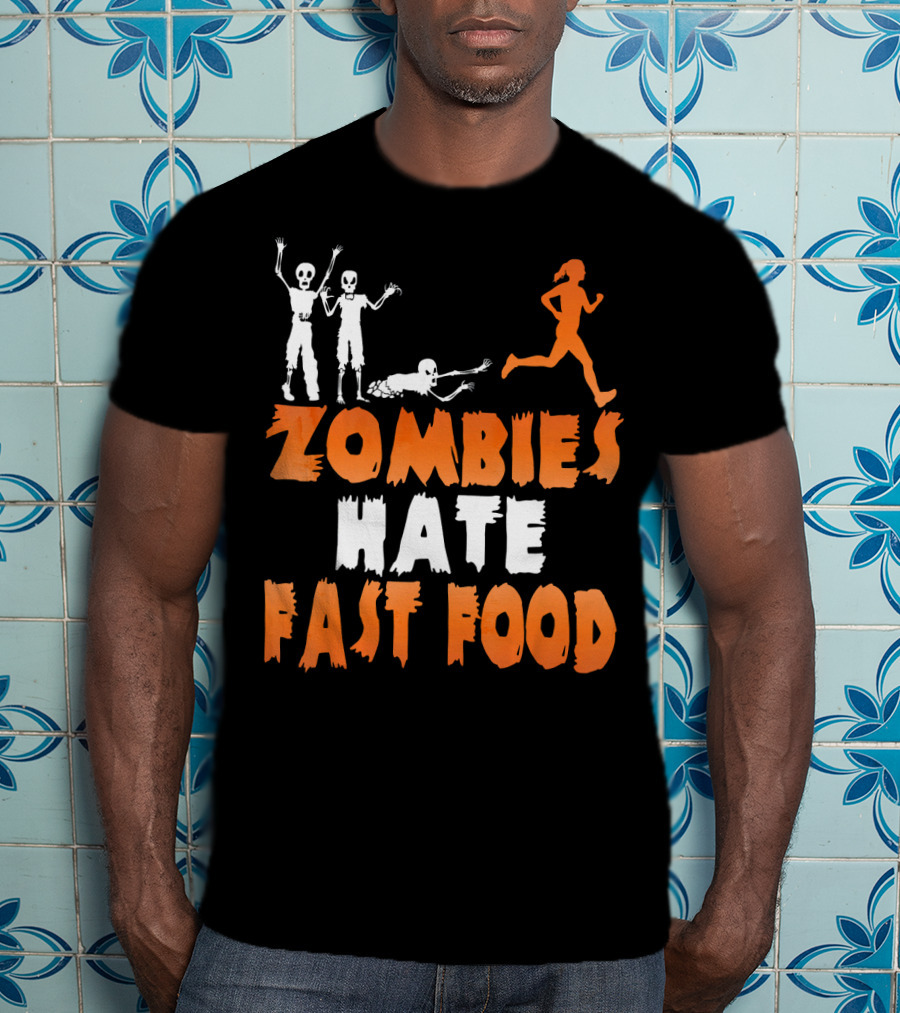 Zombies Hate Fast Food Skeletons Chasing Runner T-Shirt