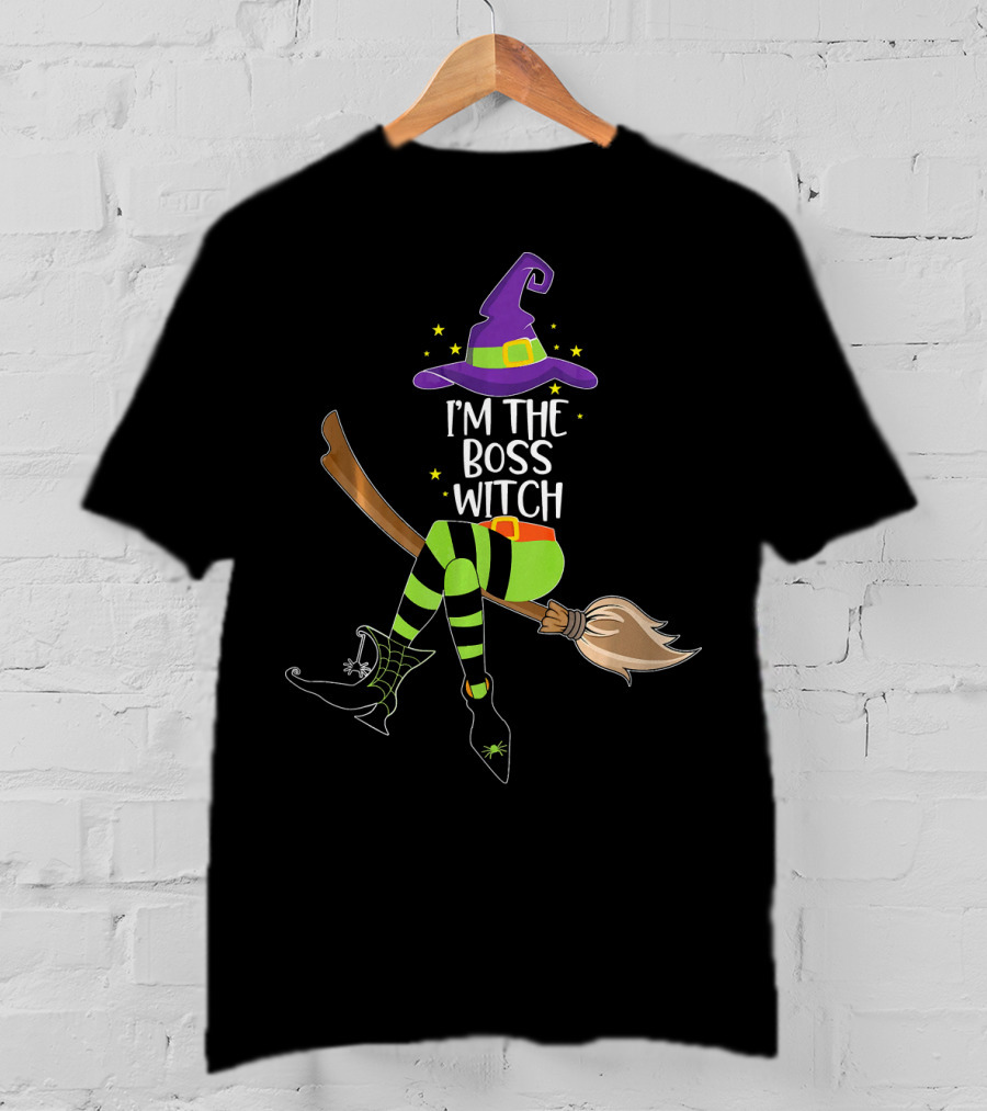 I'm The Boss Witch Halloween Witch Hat Broomstick Stripes T-Shirt
