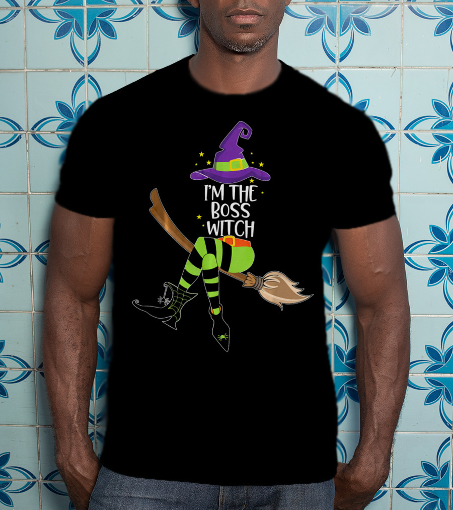I'm The Boss Witch Halloween Witch Hat Broomstick Stripes T-Shirt