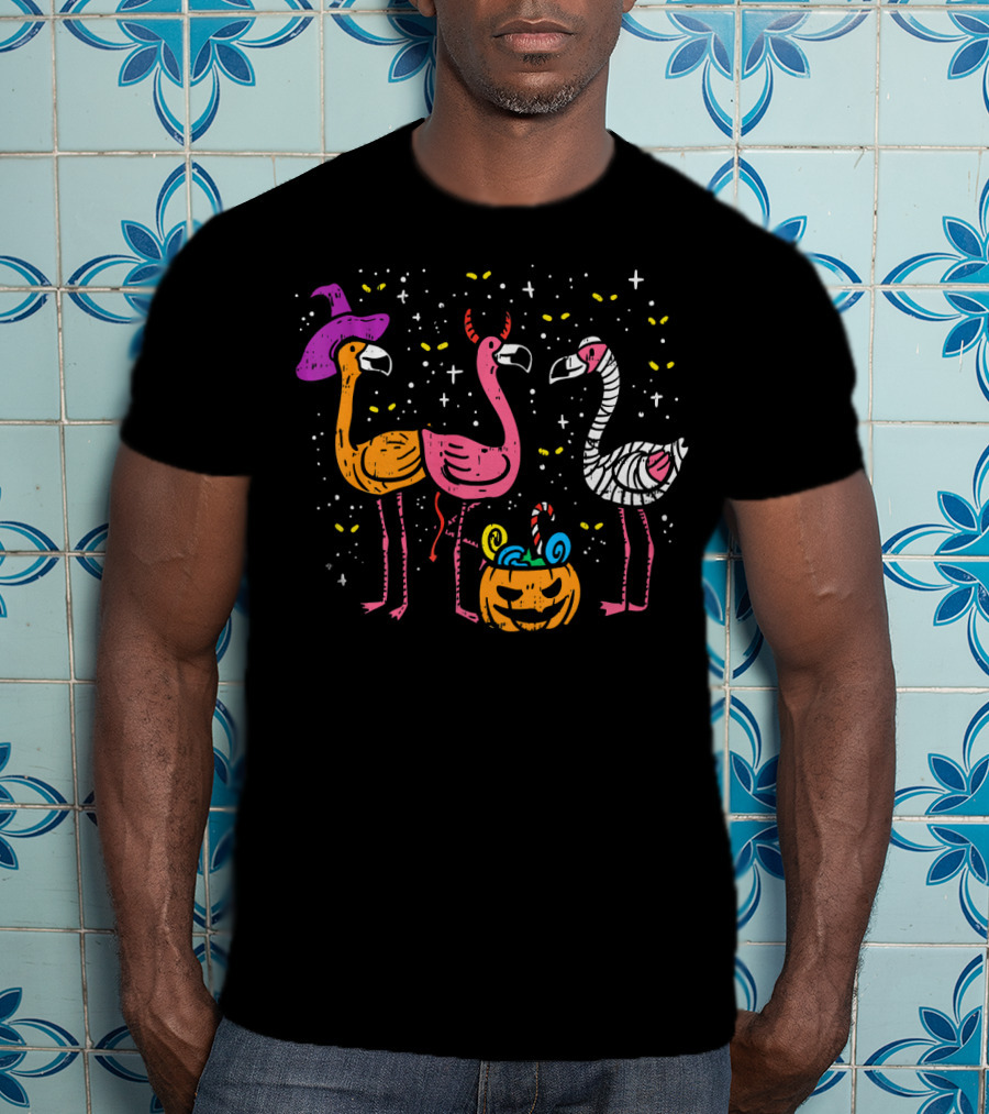 Scary Flamingos Witch Devil Mummy Halloween T-Shirt