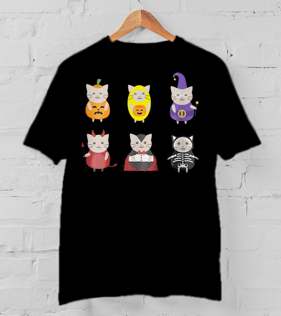 Kids Halloween Cats In Cute Pumpkin Witch And Vampire Costumes T-Shirt