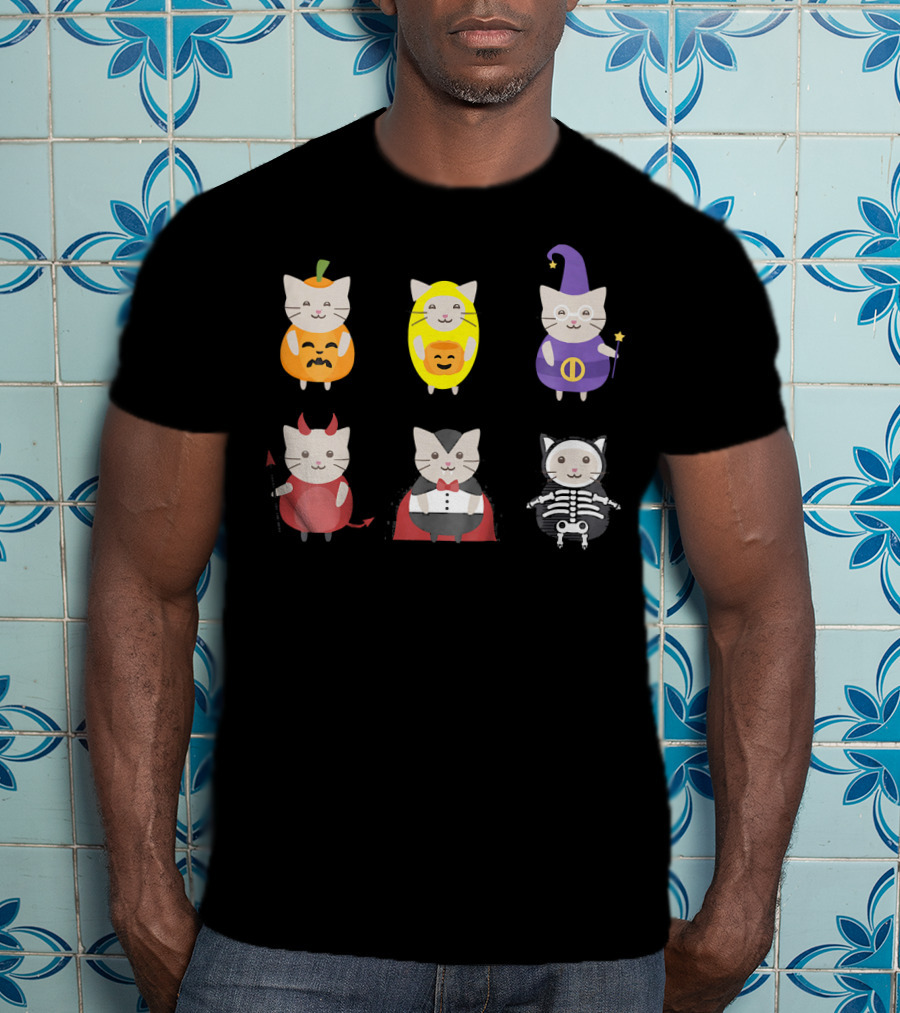 Kids Halloween Cats In Cute Pumpkin Witch And Vampire Costumes T-Shirt