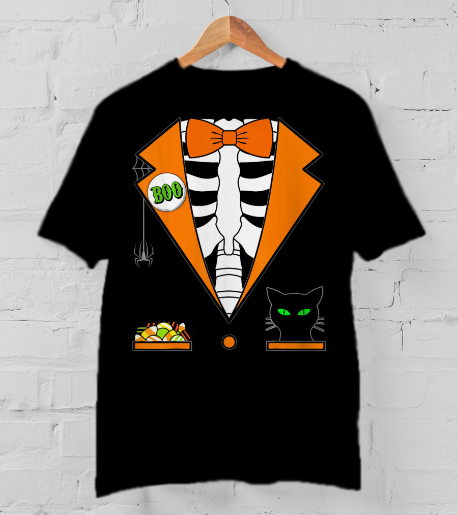 Easy Halloween Costume Orange Skeleton Tuxedo With Candy Bowl And Black Cat T-Shirt