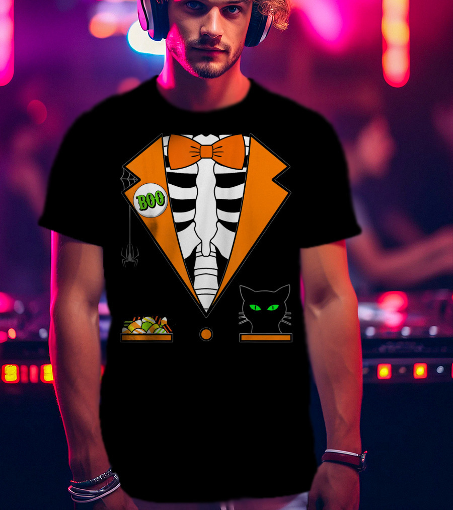 Easy Halloween Costume Orange Skeleton Tuxedo With Candy Bowl And Black Cat T-Shirt