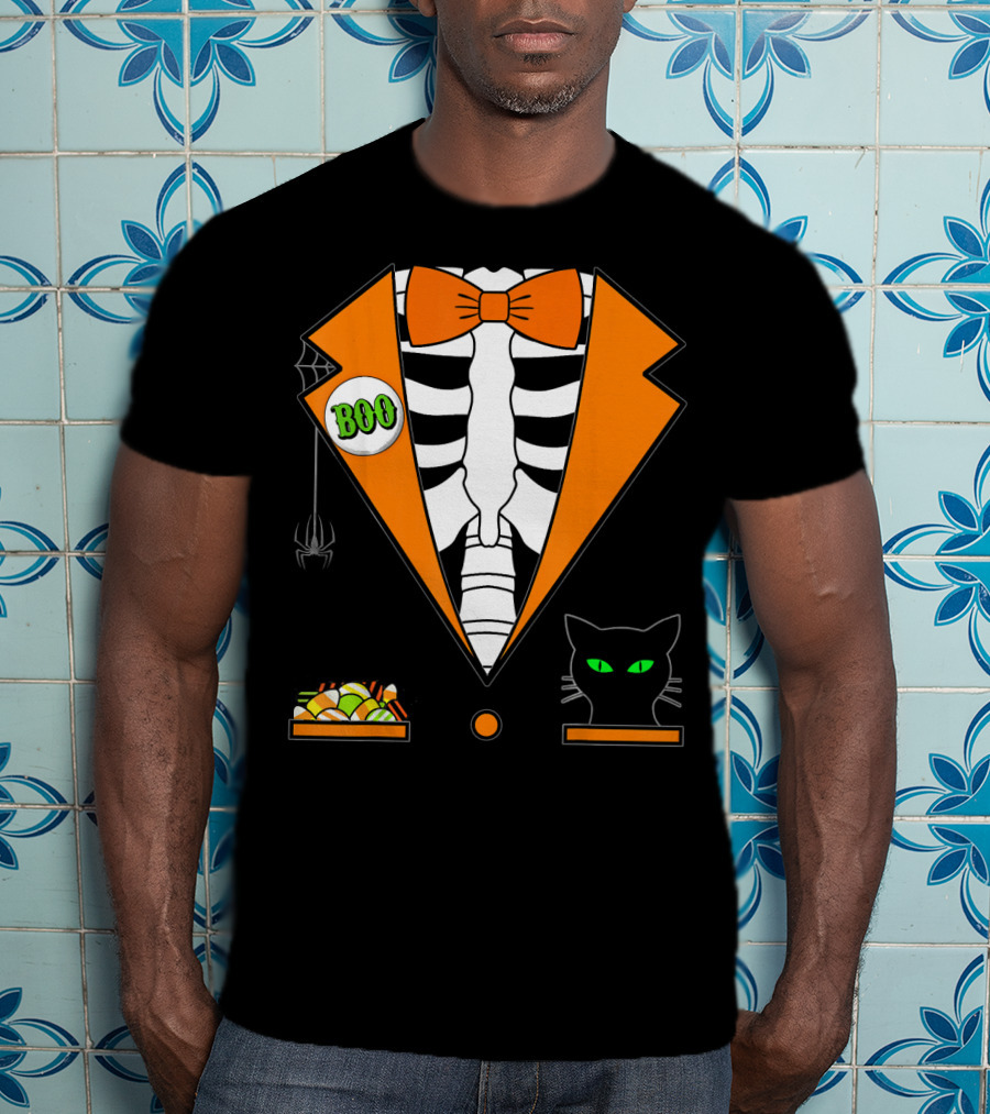 Easy Halloween Costume Orange Skeleton Tuxedo With Candy Bowl And Black Cat T-Shirt