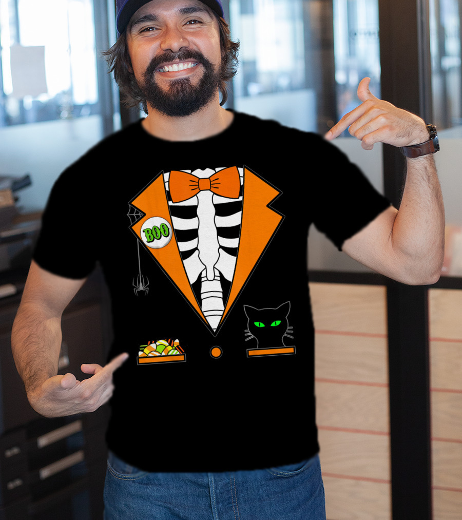 Easy Halloween Costume Orange Skeleton Tuxedo With Candy Bowl And Black Cat T-Shirt