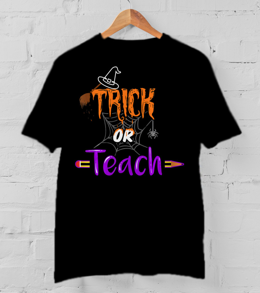 Trick Or Teach Funny Halloween Spider Witch Hat Pencil T-Shirt