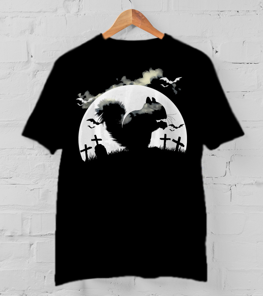 Spooky Halloween Rodent In Graveyard With Full Moon And Bats T-Shirt