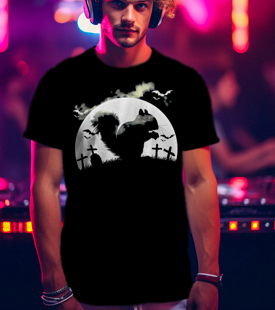 Spooky Halloween Rodent In Graveyard With Full Moon And Bats T-Shirt