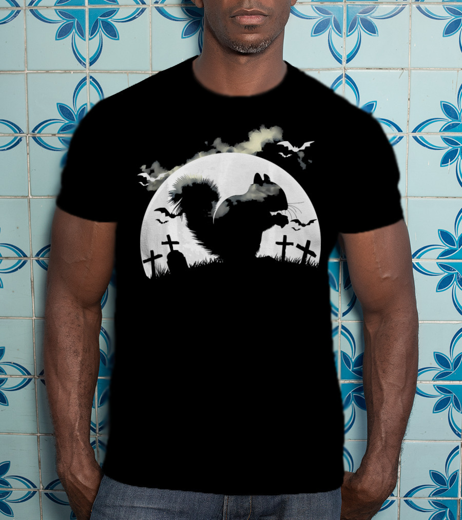 Spooky Halloween Rodent In Graveyard With Full Moon And Bats T-Shirt