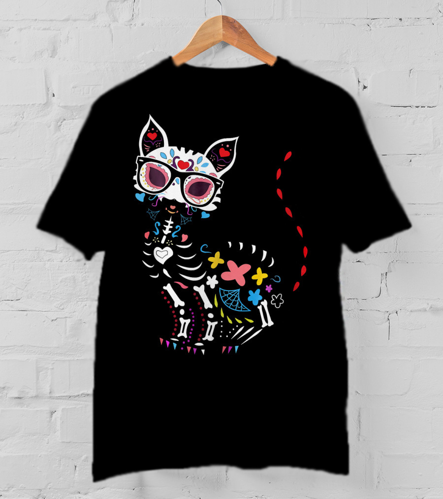 Colorful Day Of The Dead Black Cat Halloween T-Shirt