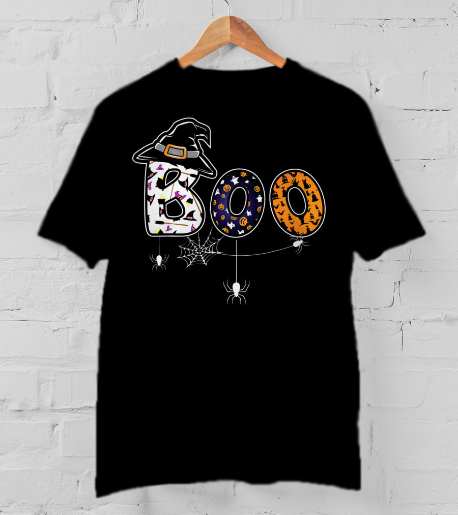 Boo Halloween Witch Hat Spider Web Letters T-Shirt