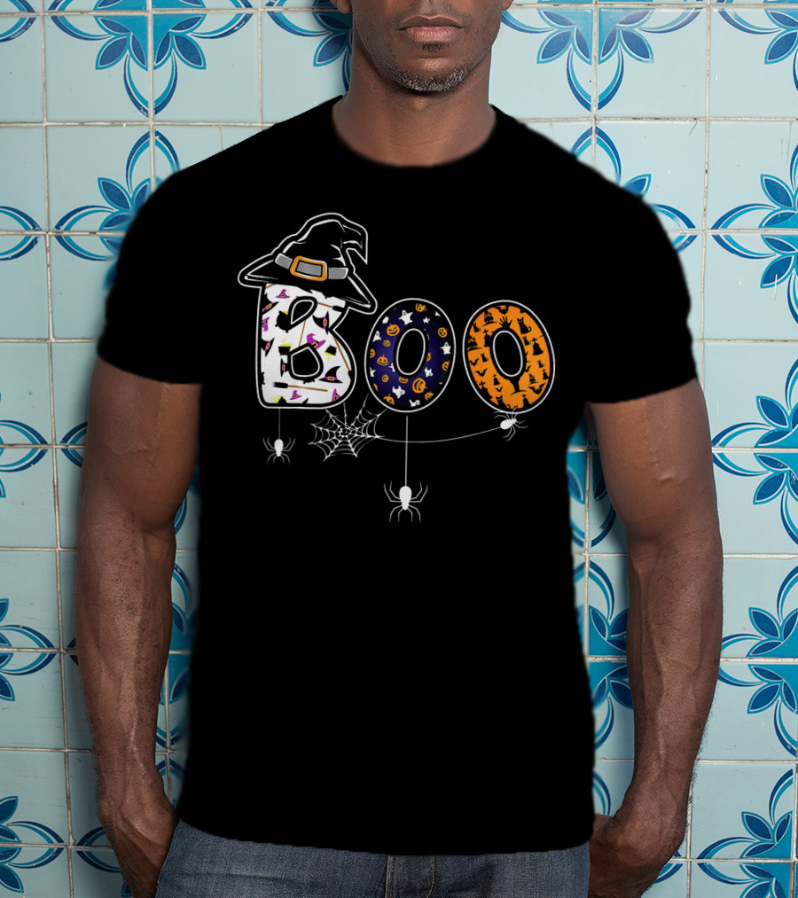 Boo Halloween Witch Hat Spider Web Letters T-Shirt