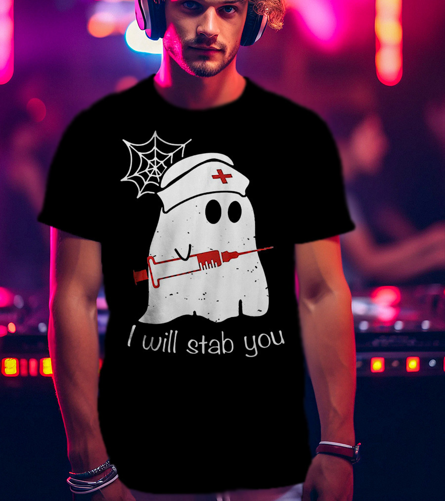 I Will Stab You Ghost Nurse Fun Halloween Syringe Spider Web T-Shirt