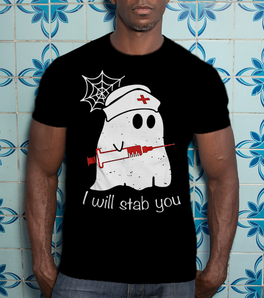 I Will Stab You Ghost Nurse Fun Halloween Syringe Spider Web T-Shirt