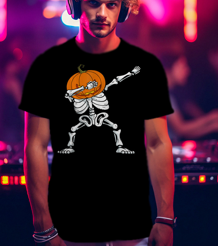 Halloween Dabbing Skeleton Pumpkin Trendy Dance Pose T-Shirt