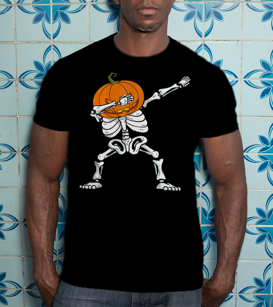 Halloween Dabbing Skeleton Pumpkin Trendy Dance Pose T-Shirt