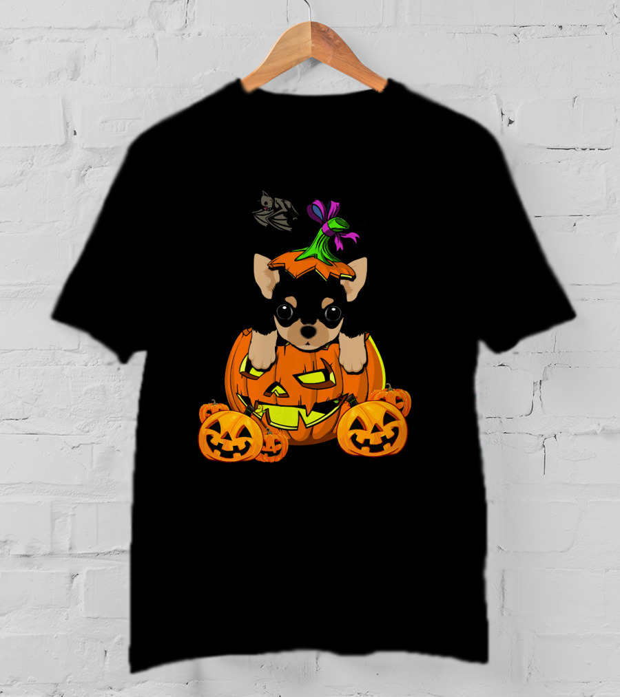 Happy Halloween Funny Chihuahua Jack-O'-Lantern Pumpkin With Bats T-Shirt