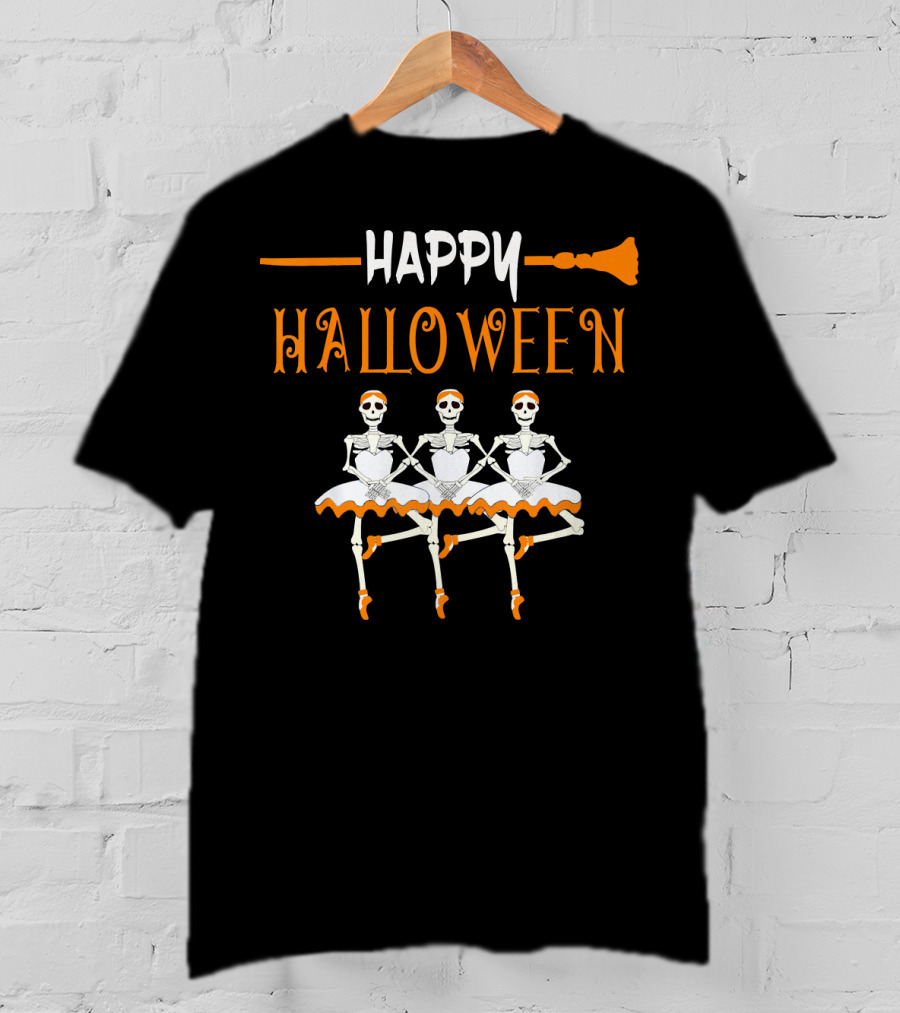 Happy Halloween Skeleton Ballerina Trio With Broomstick T-Shirt