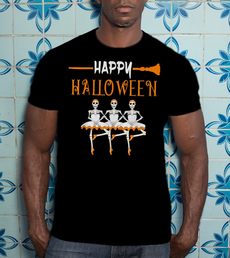 Happy Halloween Skeleton Ballerina Trio With Broomstick T-Shirt