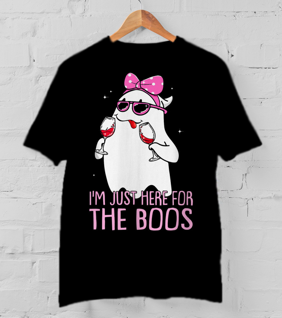 I'm Just Here For The Boos Wine Lover Ghost With Bow And Sunglasses T-Shirt