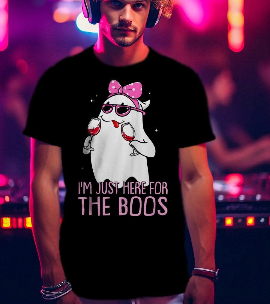 I'm Just Here For The Boos Wine Lover Ghost With Bow And Sunglasses T-Shirt