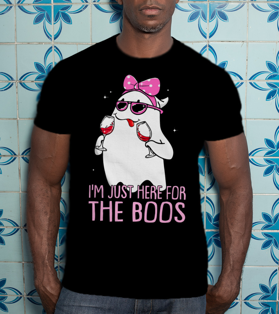 I'm Just Here For The Boos Wine Lover Ghost With Bow And Sunglasses T-Shirt