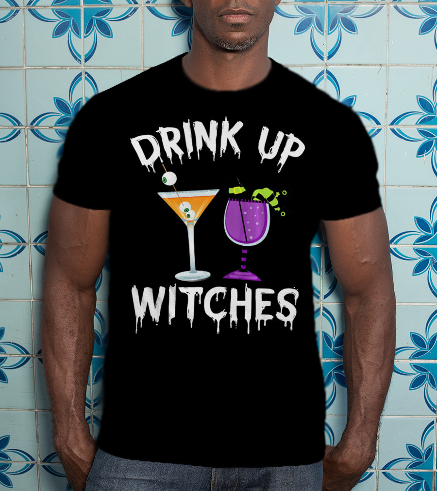 Drink Up Witches Funny Halloween Pun Cocktail Eyeball And Broomstick Drinks T-Shirt